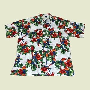 Vintage USA Koko Island Mens XL Hawaiian Shirt Parrot Macaw Floral Tropical
